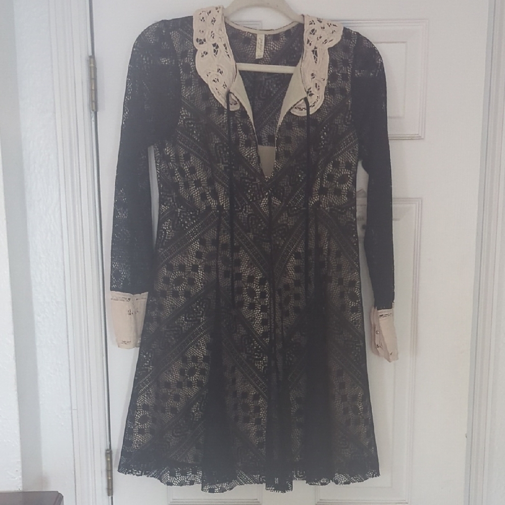 Free People Black Lace Long-Sleeve Dress with Cream Collar